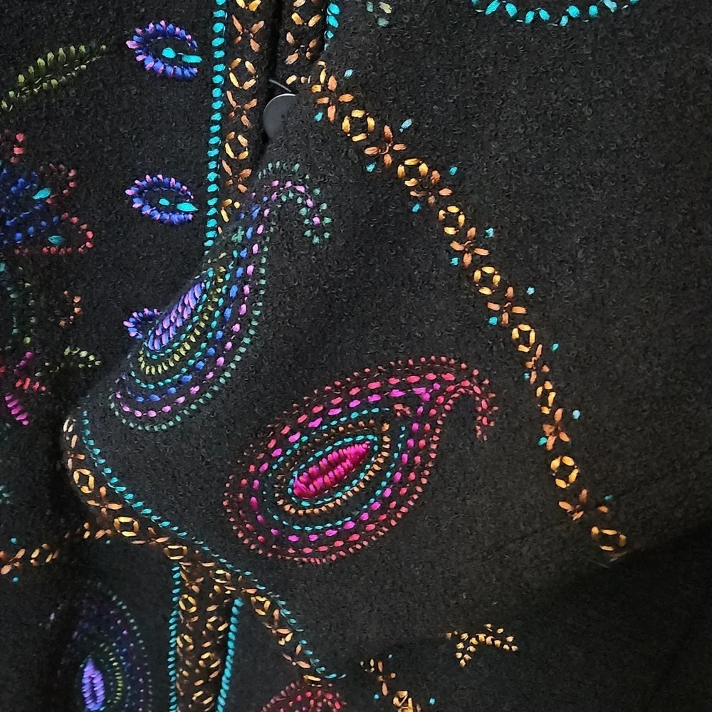 Linea By Louis Dell'Olio Black Wool Blend Long Coat Colorful Floral Sz 2X - Picture 6 of 8